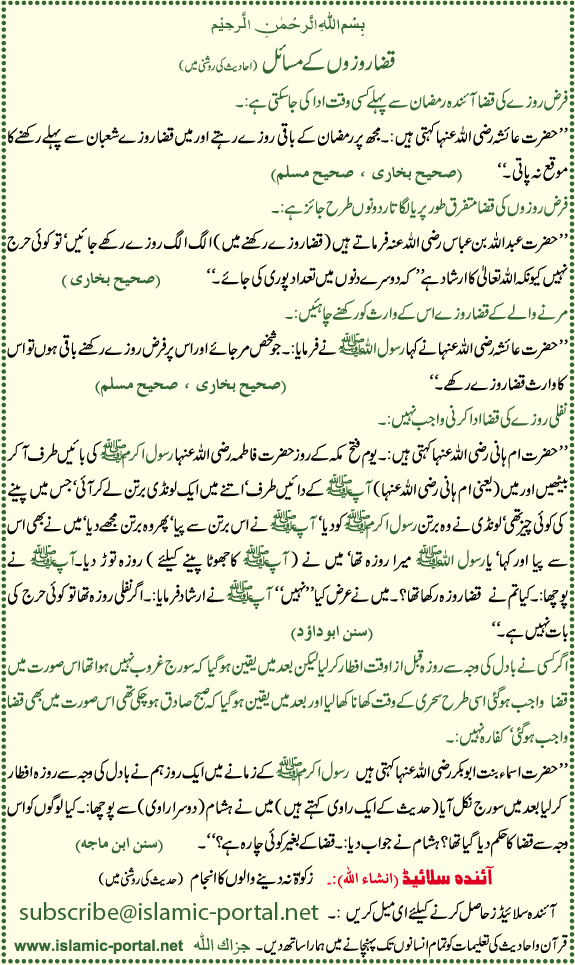 Kazza Rozon Kae Masael ( Hadeeth Ki Roshni Mane )