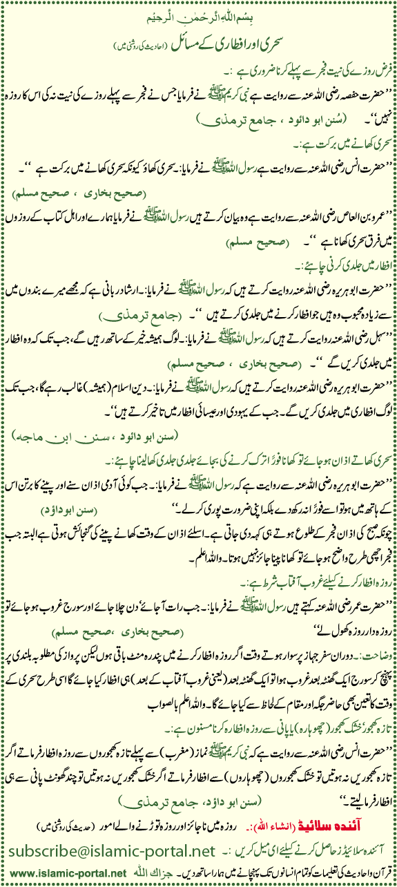 Sehri Aur Aftaar Kae Masael ( Hadeeth Ki Roshni Mane ) 