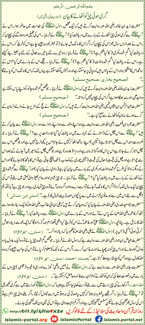 Giri hui cheez uthana islam mein kya hukum hai — hadith ki roshni mein gumshuda maal aur amanat ke ahkam