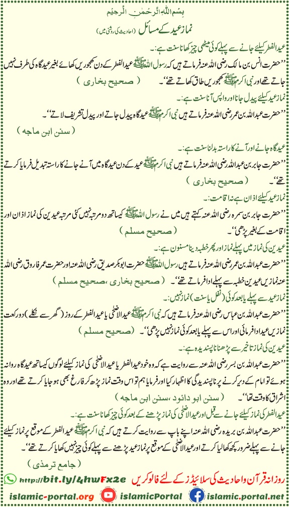 eid ki namaz ke masail hadith ki roshni mein, eid ul fitr aur eid ul azha namaz sunnat tareeqa