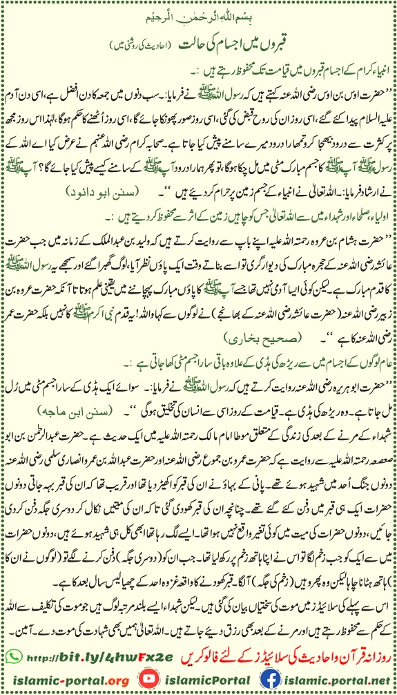 qabar mein jism ki haalat hadith, ambiya ke jism mehfooz, reedh ki haddi se dobara paidaish, hadees bukhari sharif, muslim sharif, sunan abu dawud, ibn maja