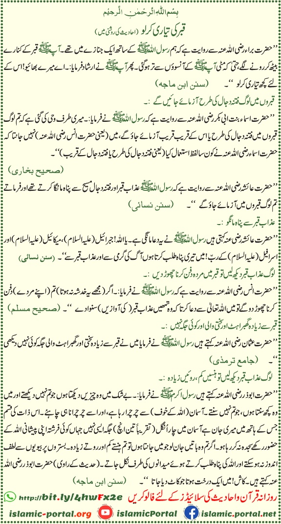 Qabar ki tayari aur azab e qabar par hadith — Sunan Ibn Maja, Sahih Bukhari, Bukhari Sharif, Saheeh Muslim, Muslim Sharif, Sunan Nasai, Nisai ki riwayat mein akhirat ki naseehat aur qabar ki haqeeqat.