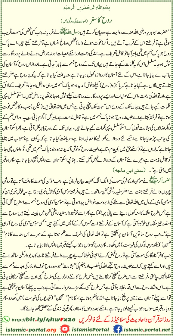 Rooh ka safar hadith roshni mein — Sunan Ibn Maja, Ibne Majah ki riwayat ke mutabiq maut ke waqt farishton ki amad, rooh ka nikalna aur qabar tak ka marhala.